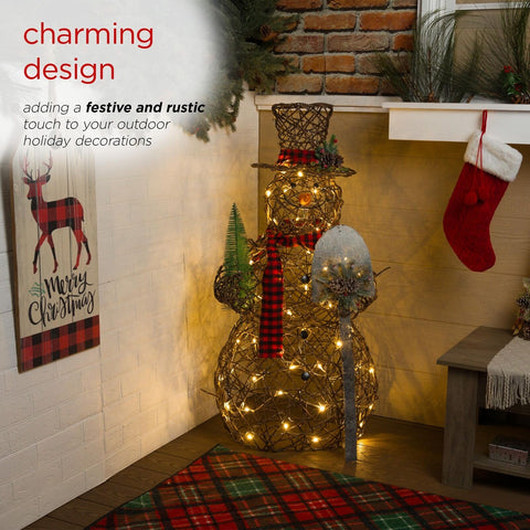 Alpine Corporation CHT922 47" Rattan Snowman with Shovel & Scarf Decor, 60 Wa...