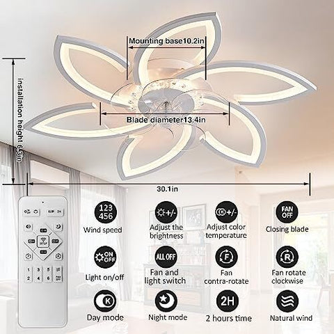 30" Modern Ceiling Fan with Lights Remote 30, White - 6 Flower Petals