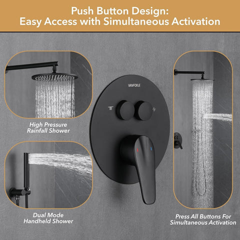 VANFOXLE Shower Faucets Sets Complete Matte Black Shower System, Push Button ...