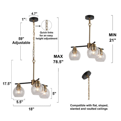 KSANA 3 Lights Gold Chandelier, Dining Room Chandelier Over Table, Black Gold...