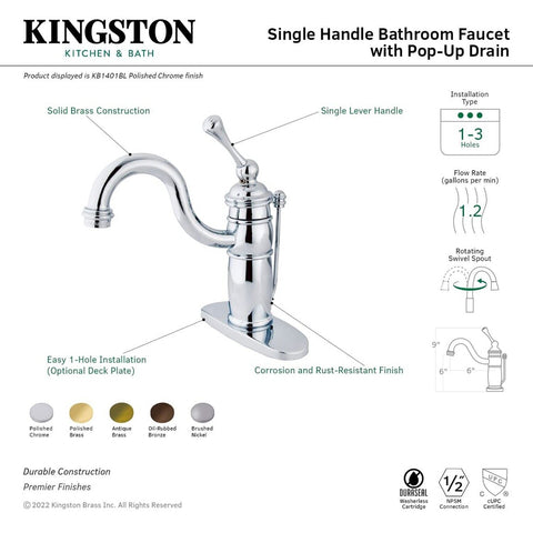 Kingston Brass KB1401BL Victorian Mono Block Lavatory Faucet, Polished Chrome