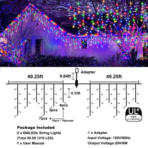 Icicle Christmas Lights, 98FT 1216 LED Icicle Lights for Outside with 228 Dro...