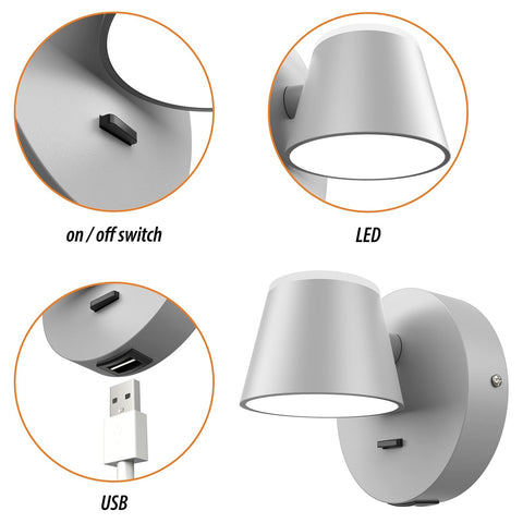 URSOLA Wall Light Set of Two, LED Wall Sconce with On/Off Switch USB Charging...