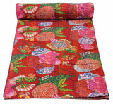 Marubhumi Indian Handmade Stitched Pure Cotton Fruit Print Kantha Quilt, Reve...