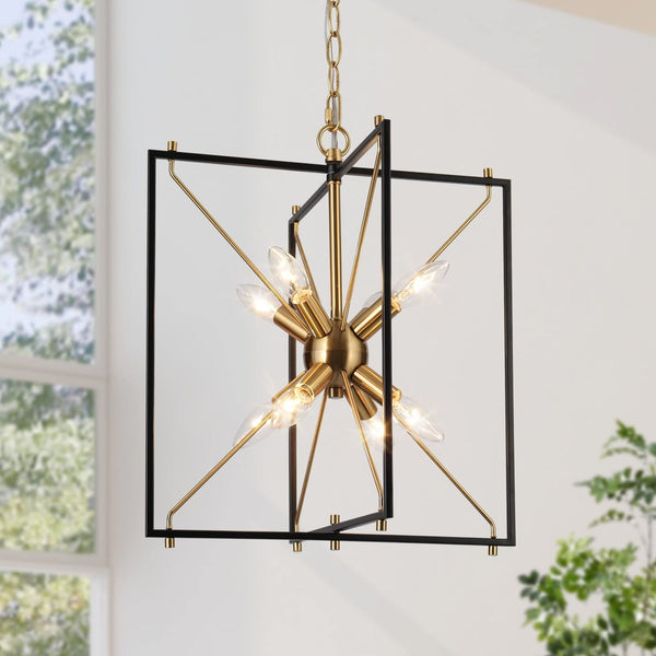 Durent Lighting Modern Chandelier Light Fixture, 8-Light Black and Gold Geome...