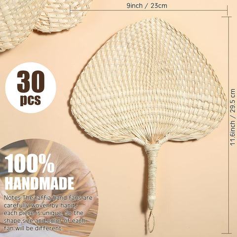 Marsui 30 Pieces Wedding Raffia Fans Bamboo Fan Natural Handmade Palm Leaf Ha...