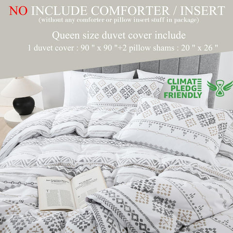 Quilta Cotton Duvet Cover Queen Size, Boho White Duvet Cover Bedding Set for ...