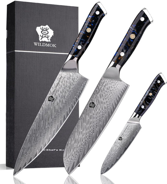 WILDMOK Damascus Kitchen Knife Sets 3 PCS, Japanese Kitchen Knife Set Damascu...