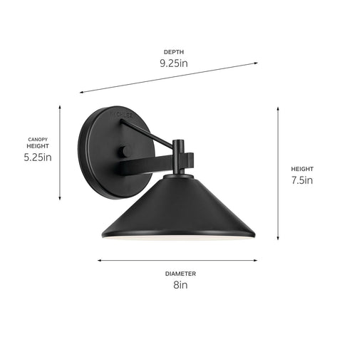 KICHLER Ripley 8" 1-Light Outdoor Wall Light in Black for Exterior Doors, Gar...