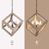 Uolfin Wood Square Chandelier, Farmhouse 4-Light Pendant Light Fixtures Hangi...