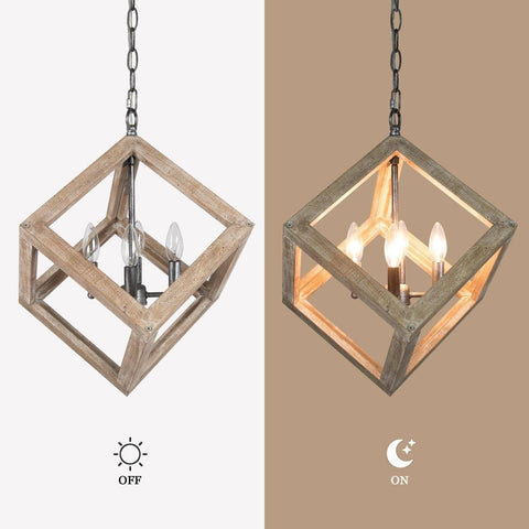 Uolfin Wood Square Chandelier, Farmhouse 4-Light Pendant Light Fixtures Hangi...