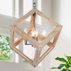 Uolfin Wood Square Chandelier, Farmhouse 4-Light Pendant Light Fixtures Hangi...