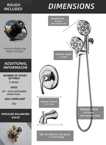 Tub Shower Faucet with Valve, High Pressure 3-way Water Diverter Chrome