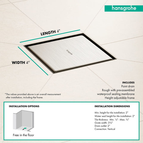 hansgrohe RainDrain Brilliance Square Tileable Shower Drain Set with Rough an...