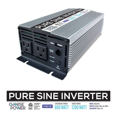 GoWISE Power 600W Pure Sine Wave Inverter 12V DC to 115V AC with 2 AC Outlets...