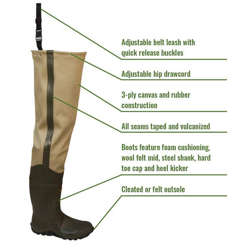 FROGG TOGGS Bull Frogg 3-ply PVC Canvas Bootfoot Hip Wader, Cleated or Felt 9