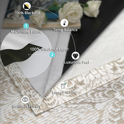 always4u 100% Blackout Damask Foil Print White and Gold Ridged Velvet Curtain...