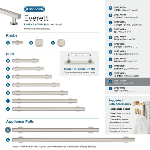 Amerock Corp BP37110PN Everett Appliance Pull, 12 in (305 mm) Center-to-Cente...