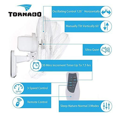 Tornado 2 Pack 16 Inch Oscillating Wall Mount Fan Remote 16 Inch, White