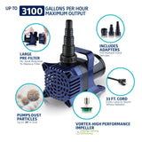 Alpine Corporation 3100 GPH Submersible Water Pump with 33 FT Cord and Adapte...