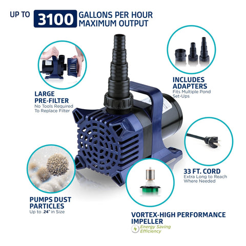 Alpine Corporation 3100 GPH Submersible Water Pump with 33 FT Cord and Adapte...