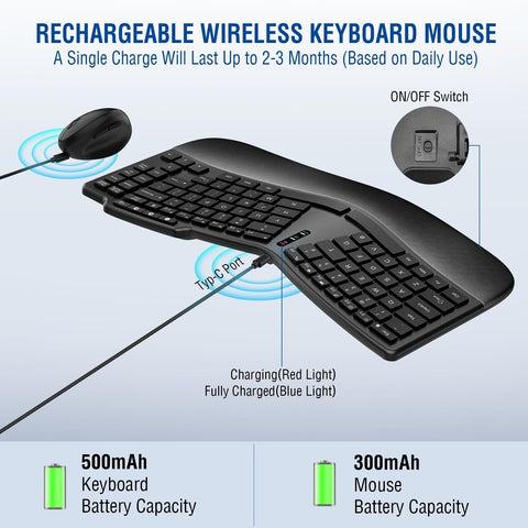 Ergonomic Wireless Keyboard Mouse Combo, Bluetooth/2.4G Split Design Keyboard...