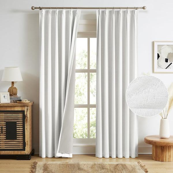 MAIHER 102 Inches Long Full Blackout White Pinched Pleat Linen Curtains, Extr...