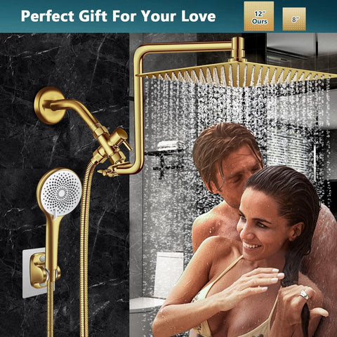 Shower Head Gold, Upgraded 12" Rain Shower Head with 12" Flexible Curved Show...