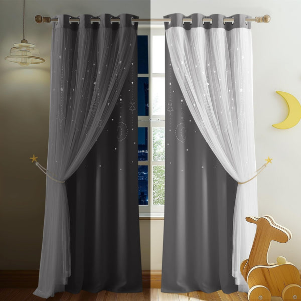 NICETOWN Moon Star Hollow-Out Curtains for Nursery Gift, Double Layer Blackou...