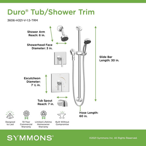 Symmons 3606-H321-V-1.5-TRM Duro 2-Handle Tub and 1-Spray Shower Trim with 1-...