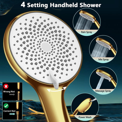 Shower Head Gold, Upgraded 12" Rain Shower Head with 12" Flexible Curved Show...