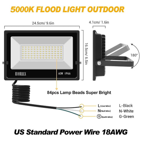 OHLUX LED Flood Lights Outdoor, 6000lumen Superbright, 60W IP66 Waterproof fo...