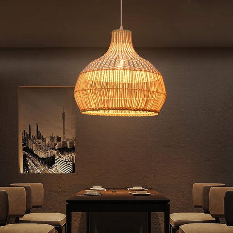 Arturesthome 1 Light White Handwoven Rattan Boho Pendant Light, Wicker Hangin...