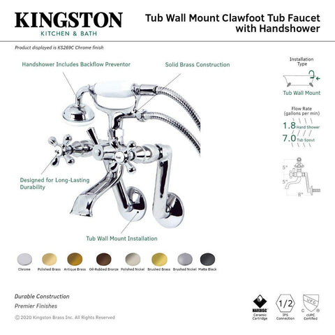 Kingston Brass KS269MB Kingston Wall Mount Clawfoot Tub Faucet with Hand Show...