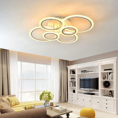 Modern LED Ceiling Light Fixture with Remote Dimmable 6 Ring White Flush Moun...