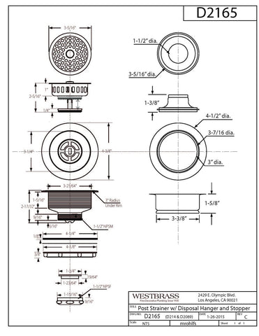 Westbrass D2165-62 Post Style Large Kitchen Basket Strainer with Waste Dispos...