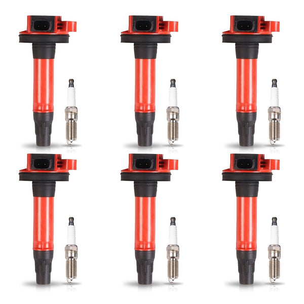 ENA Set of 6 Red Ignition Coil Pack and Platinum Spark Plug Compatible with F...