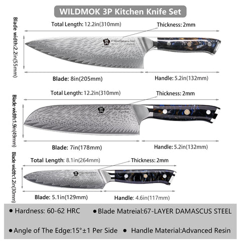 WILDMOK Damascus Kitchen Knife Sets 3 PCS, Japanese Kitchen Knife Set Damascu...