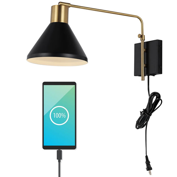 JONATHAN Y JYL1303B Max Swing Arm 1-Light Modern Midcentury Iron USB Charging...