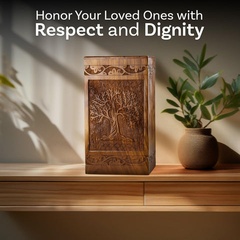 INTAJ Handcarved Wooden Cremation Urn for Human Ashes - Tree of Life Design, ...