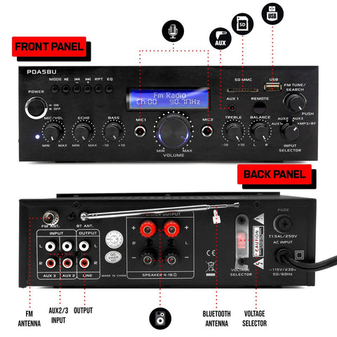 Pyle Wireless Bluetooth Power Amplifier-200 Watt Audio Stereo Receiver w/USB ...