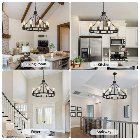 Black Wagon Wheel Chandelier, 10 Lights Farmhouse Ceiling Hanging Chandeliers...