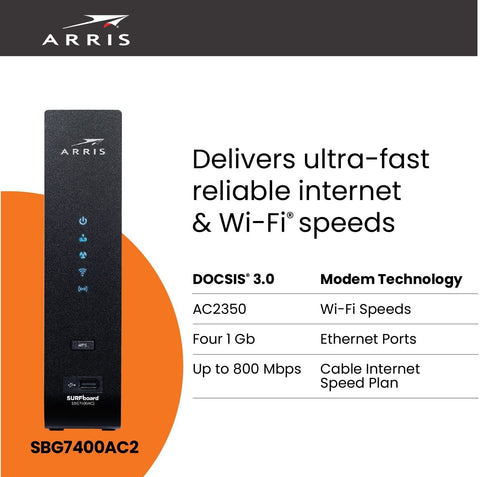 ARRIS SURFboard SBG7400AC2 DOCSIS 3.0 Cable Modem & AC2350 Wi-Fi Router , App...