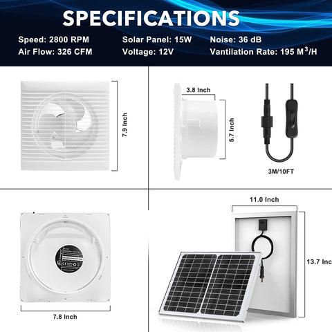 Solar Powered Exhaust Fan Pro, 15 W Solar Panel + 6 Inch High Speed Exhaust F...