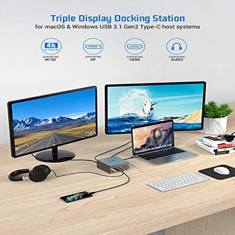 TOTU Upgraded Universal USB-C 4K Triple Display Docking Station Space Grey