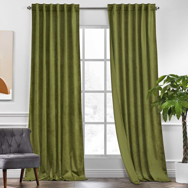 KGORGE Olive Green Velvet Curtains 96 inches 2 Panels, Velvet Blackout Curtai...