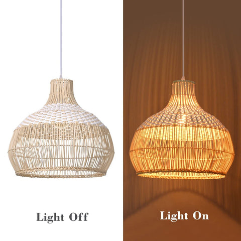 Arturesthome 1 Light White Handwoven Rattan Boho Pendant Light, Wicker Hangin...