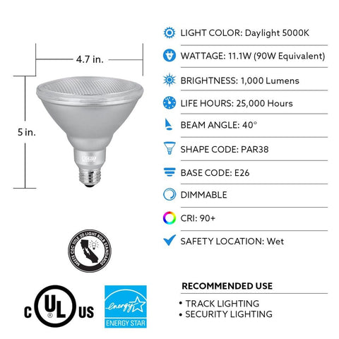 Feit Electric PAR38 LED Light Bulb, 90W Equivalent, Dimmable, 1000 Lumens, E2...