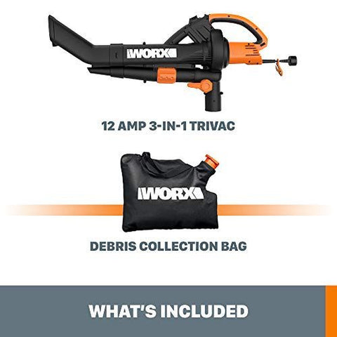 WORX WG509 12 Amp TRIVAC 3-in-1 Electric Leaf Blower with All WG509, Black