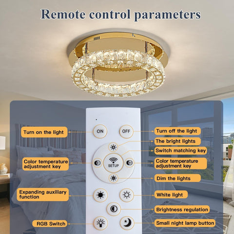 YYJLX Modern Led Ceiling Light Fixture with Remote Control Gold Crystal Flush...